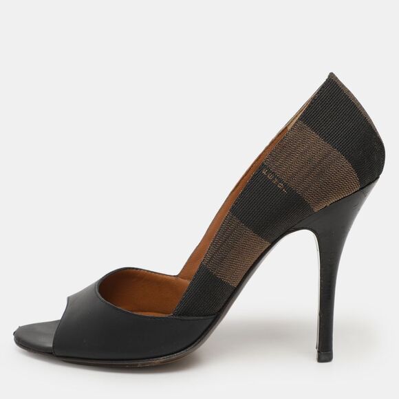 Fendi Black/brown Leather And Striped Canvas Pequin Peep Toe Pumps Size 36,New Products : American Fashion Style Bags On Sale